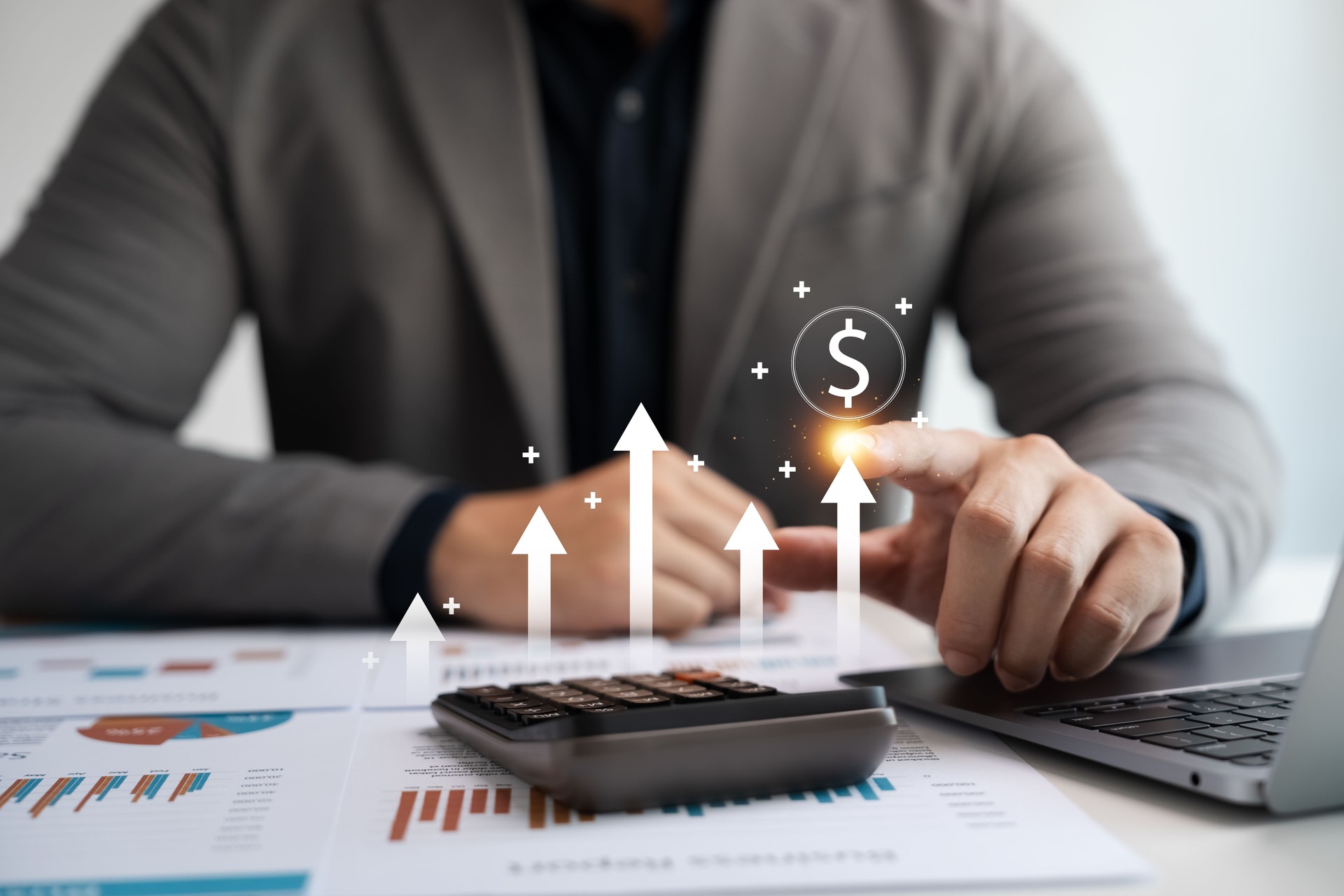 Concept of interest rates and dividends, currency symbol and up arrow.